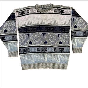 Vtg Men's Ellis Island Sweater Pastel Pink Blue Gray Black Knit Crew Neck Sz L